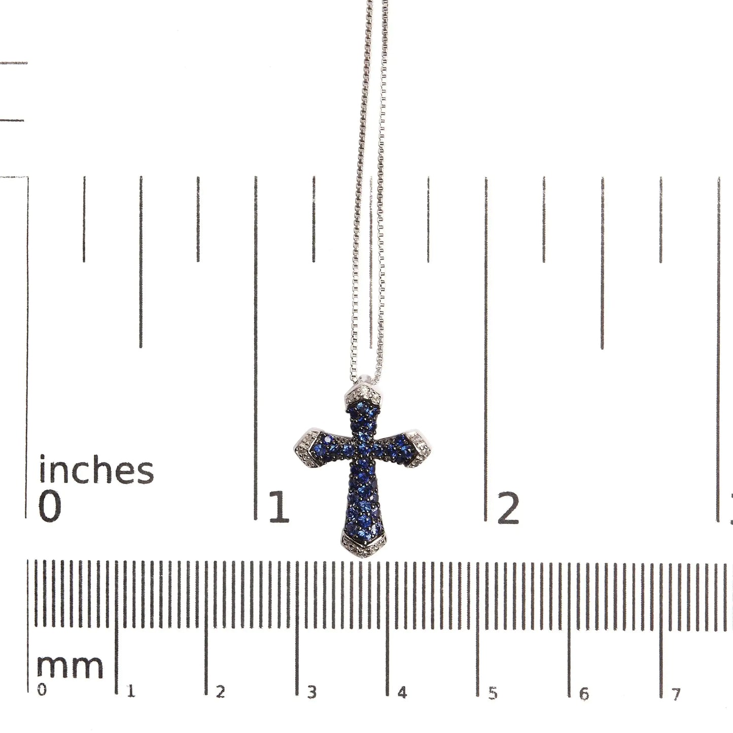 .925 Sterling Silver 3/4 Cttw Created Blue Sapphire and White Diamond Accent Cross Pendant Necklace - 18" Inches